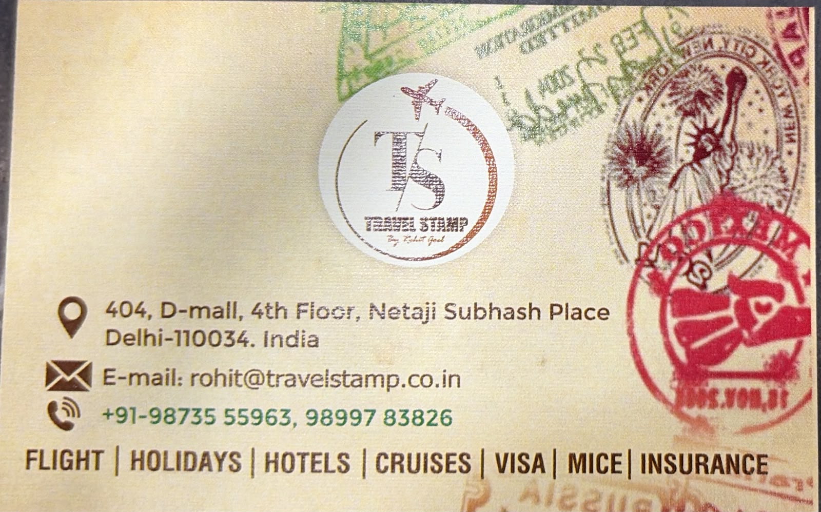 Travel Stamp visiting card — By Rohit Goel, Netaji Subhash Place, Delhi